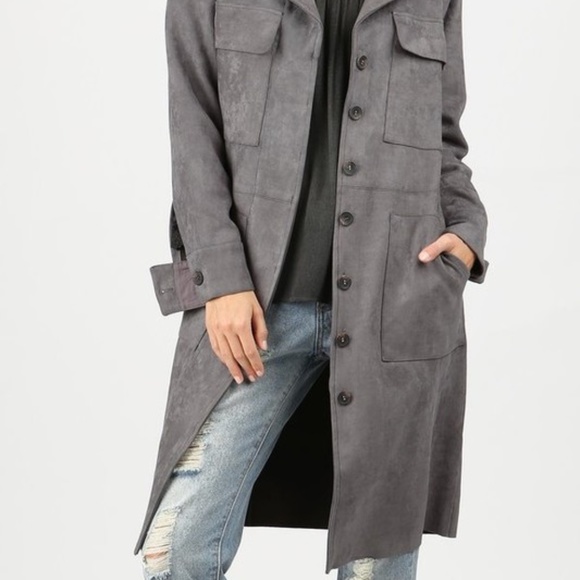 NWT POL faux SUEDE JACKET charcoal trench DUSTER WESTERN bohemian COAT SM MD LG - Picture 4 of 7